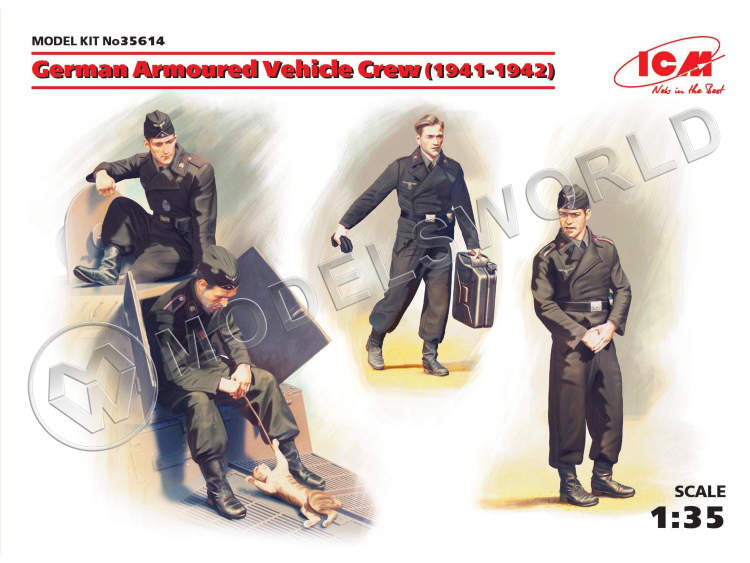 Фигуры Германский экипаж бронеавтомобиля 1941-1942 г., 4 фигуры и кот. Масштаб 1:35 - фото 1