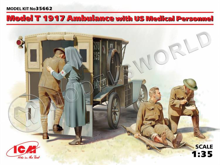 Склеиваемая пластиковая модель автомобиля Model T 1917 санитарная, с американским медицинским персоналом. Масштаб 1:35 - фото 1