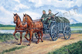 Склеиваемая пластиковая модель Конная повозка с 2 лошадьми и 2 фигурами немецких солдат. Масштаб 1:35