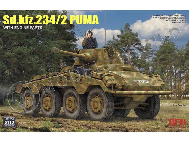 Склеиваемая пластиковая модель Бронеавтомобиль Sd.kfz 234/2 Puma с деталями двигателя. Масштаб 1:35 - фото 1