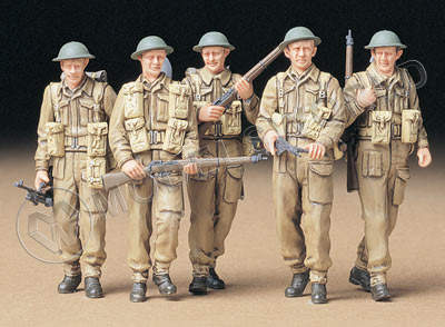 Фигуры солдат Английская пехота (5 фигур) в P37 форме с оружием - Bren Mk.II, Sten Mk.II, Lee Enfield №4 Mk.I в дозоре. Масштаб 1:35 - фото 1