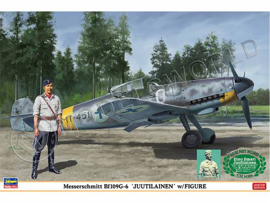 Склеиваемая пластиковая модель самолета Истребитель финских ВВС с фигуркой пилота Messerschmitt Bf109G-6 'Juutilainen'. Масштаб 1:32