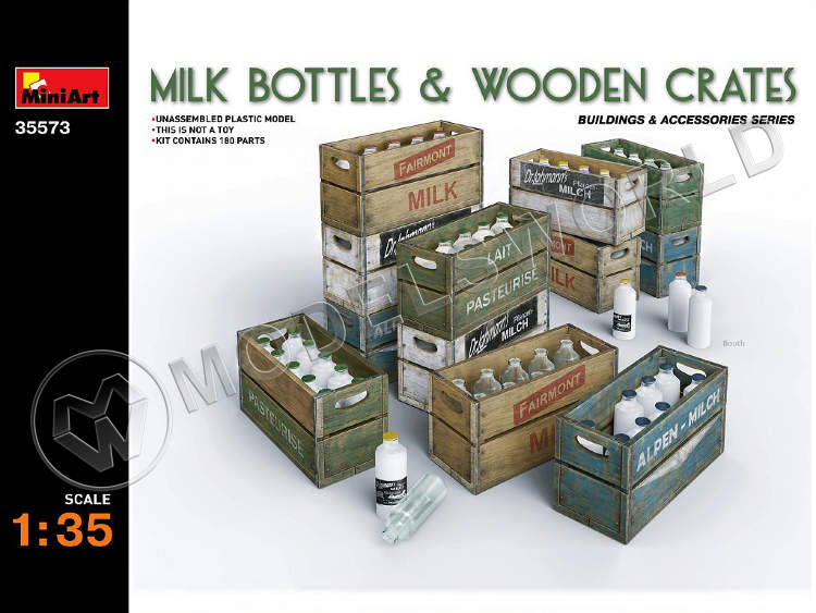 Склеиваемая пластиковая модель Молочные бутылки и деревянные ящики. Масштаб 1:35 - фото 1