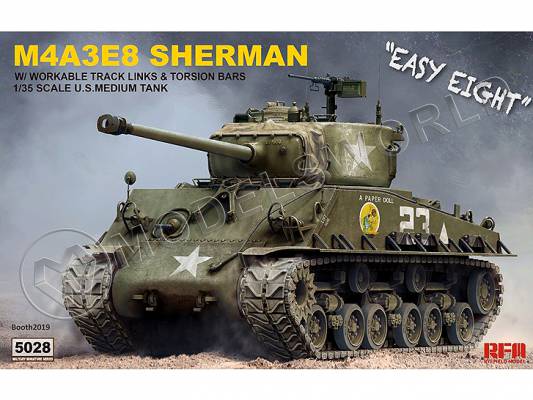 Склеиваемая пластиковая модель Американский средний танк Sherman  M4A3E8 с рабочими траками. Масштаб 1:35