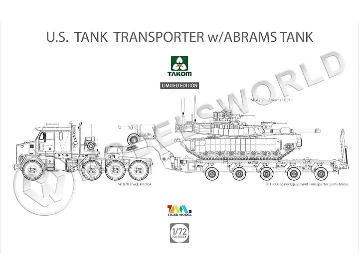 Склеиваемая пластиковая модель Американский танковый транпортер M1070&M1000 с танком Abrams. Масштаб 1:72 - фото 1
