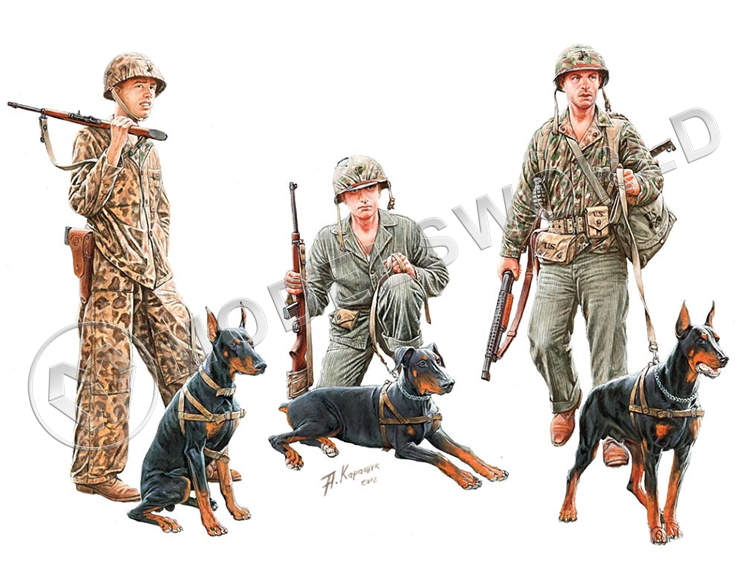 Фигуры морских пехотинцев США с собаками. WWII. Масштаб 1:35 - фото 1
